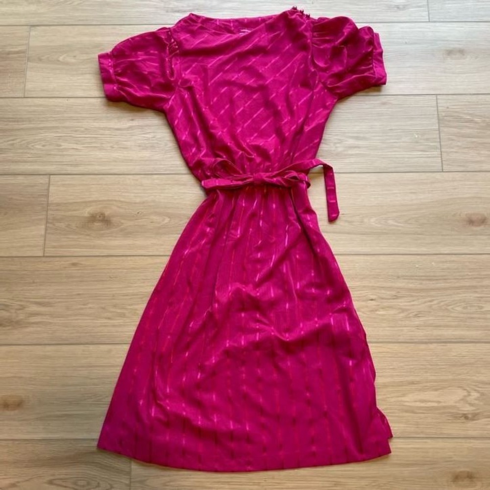 Vintage Oops California Hot Pink Satin Stripe Puff Sleeve Midi Dress Size‎ 13/14